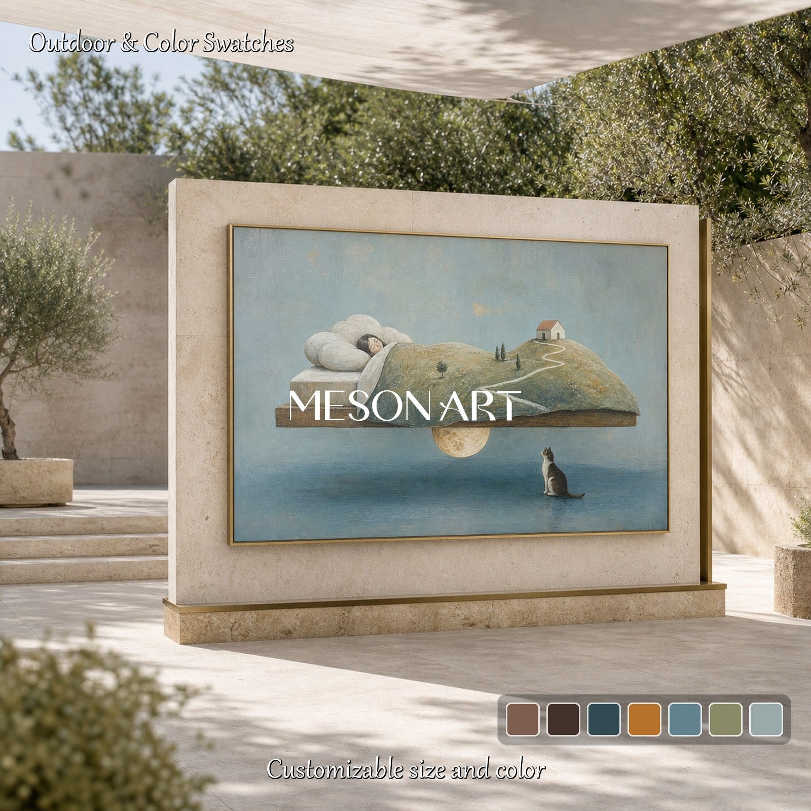 Minimalist Surreal Dream Painting For Serene Bedroom Living Space With Soft Blue Earth Tones