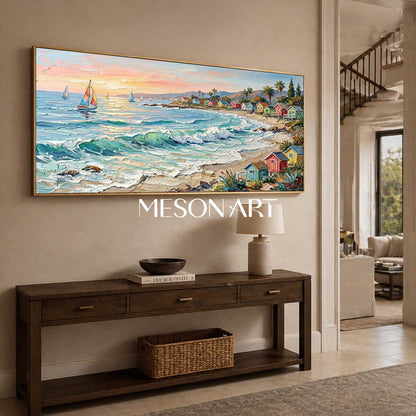 Luxury Mediterranean Coastal Oil Painting With Colorful Cottages And Turquoise Waves For Living Room