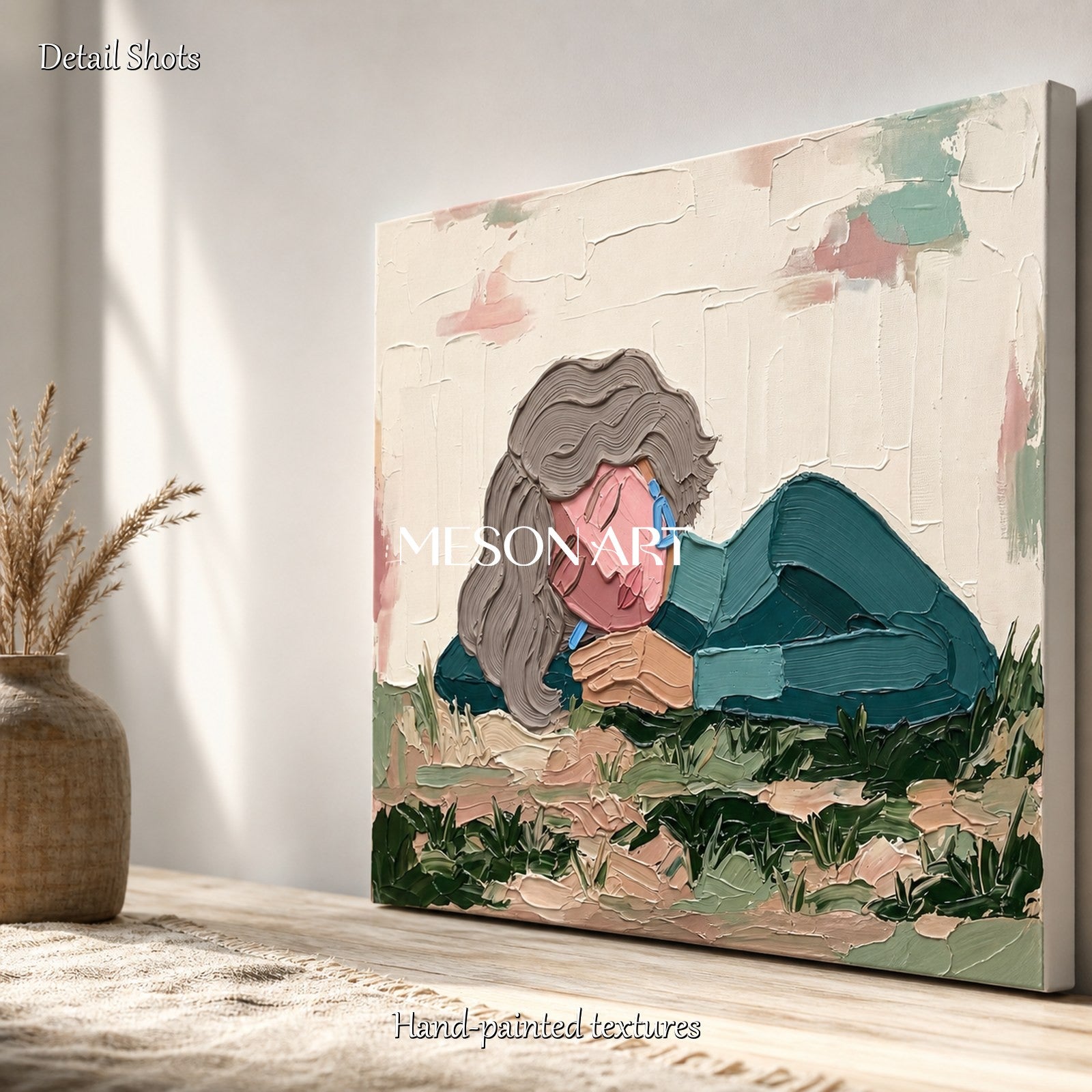 Green And Pink Abstract Figurative Modern Portrait Painting Rectangular Wall Art Original Artist By Mesonart