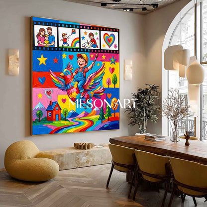 Happy Family Graffiti Art For Kids Room With Colorful Cartoon Bird Painting