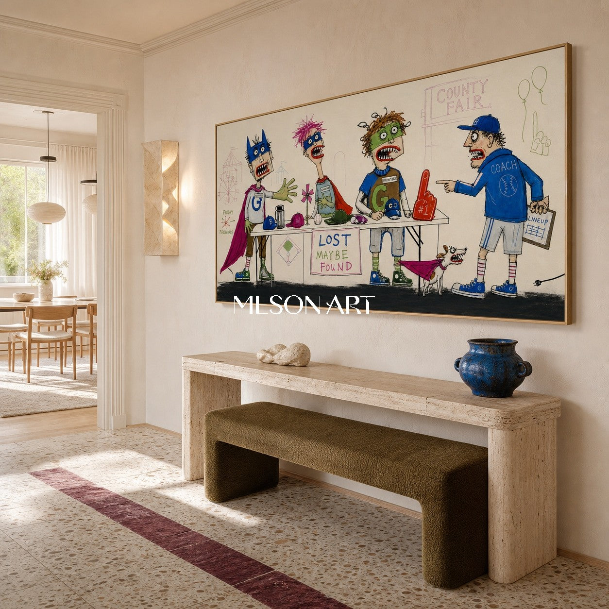 Blue And Green Graffiti Cartoon Art Narrative Sports Lost And Found Dog Textured Panoramic Wall Decor By Mesonart