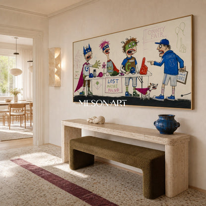 Blue And Green Graffiti Cartoon Art Narrative Sports Lost And Found Dog Textured Panoramic Wall Decor By Mesonart