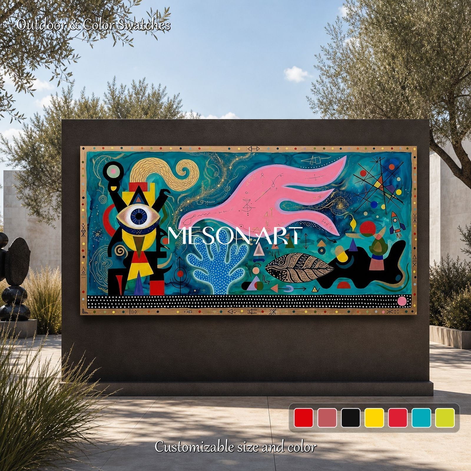 Vibrant Surrealist Abstract Painting With Cosmic Blue And Pink For Modern Living Room Decor