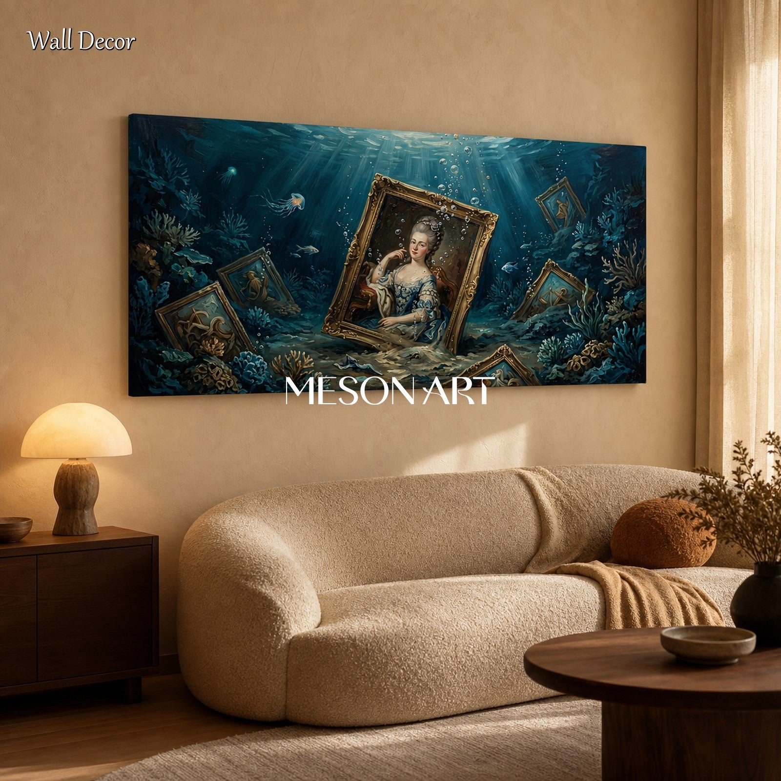 Blue And Gold Surrealism Figurative Art Panoramic Wall Decor Original Artist Hand Painted By Mesonart