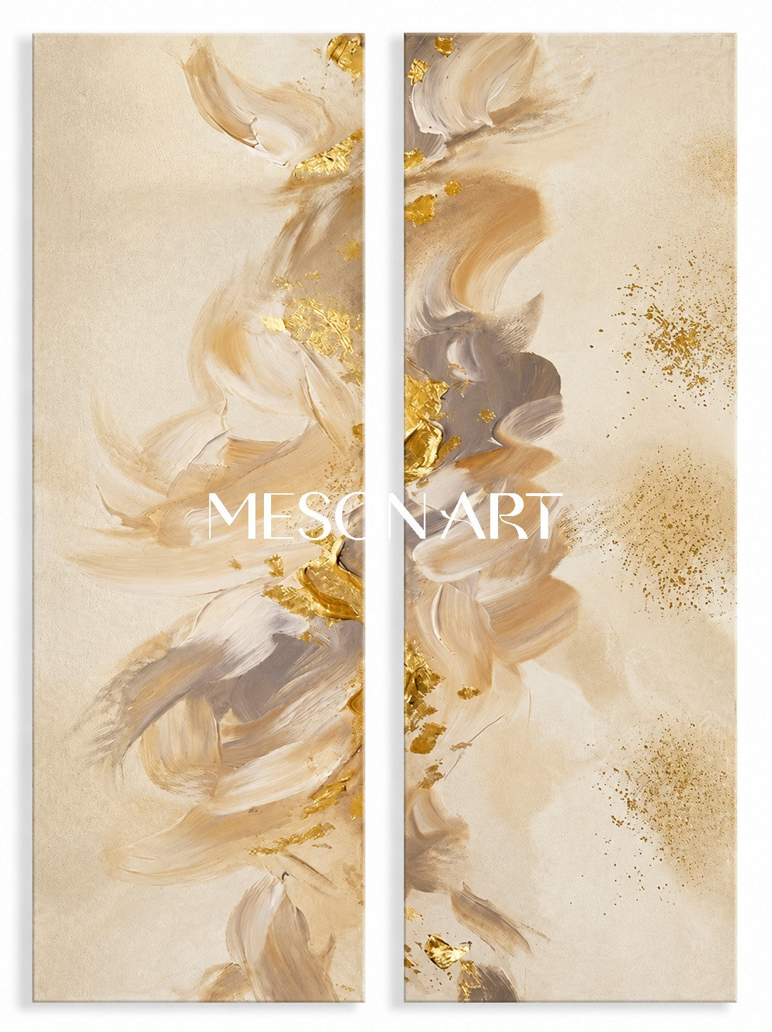 Luxury Gold Leaf Abstract Diptych Beige Textured Oil Painting For Living Room