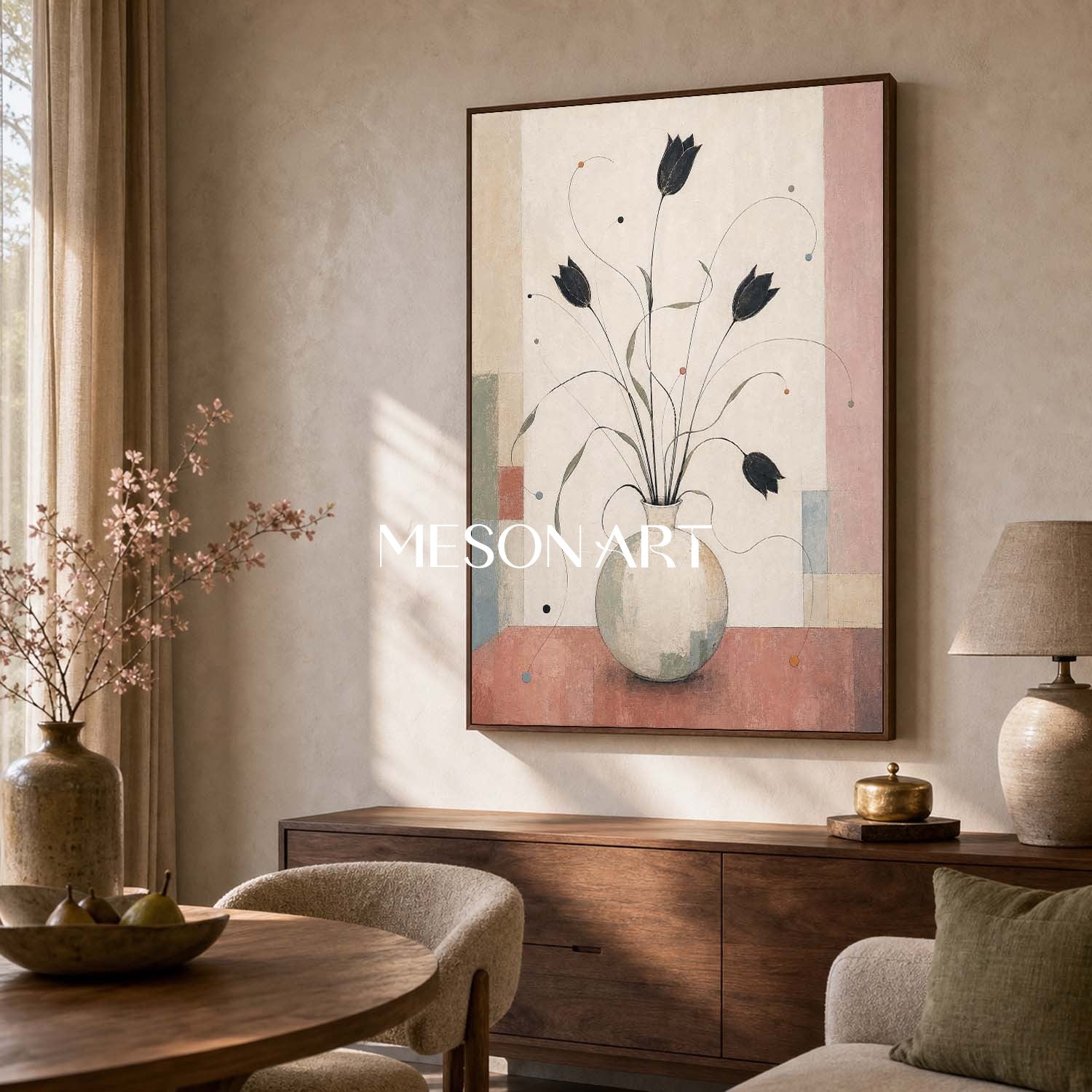 Art Deco Floral Canvas Wall Art With Soft Brushwork For Living Room And Dining Room Decor