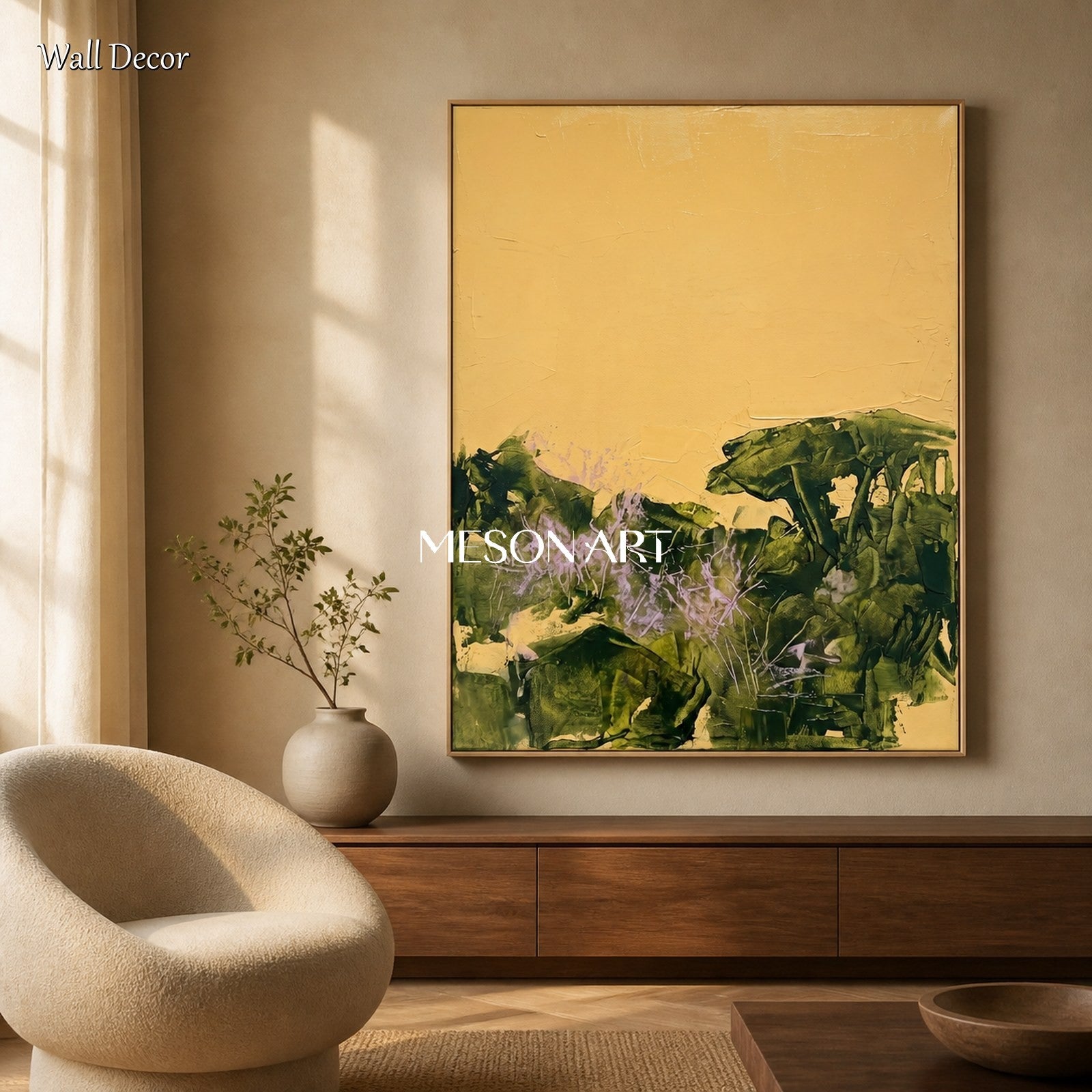 Gold And Green Abstract Expressionist Landscape Painting Rectangular Wall Art For Living Room By Mesonart