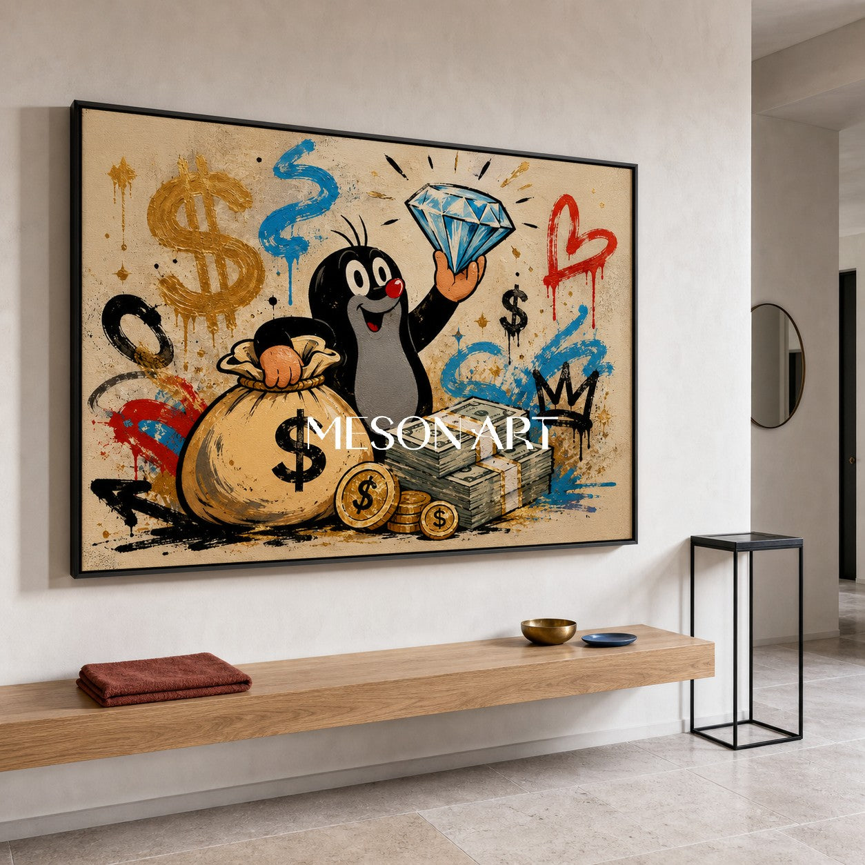 Playful Mole Graffiti Art With Dollar Signs For Modern Living Room Decor