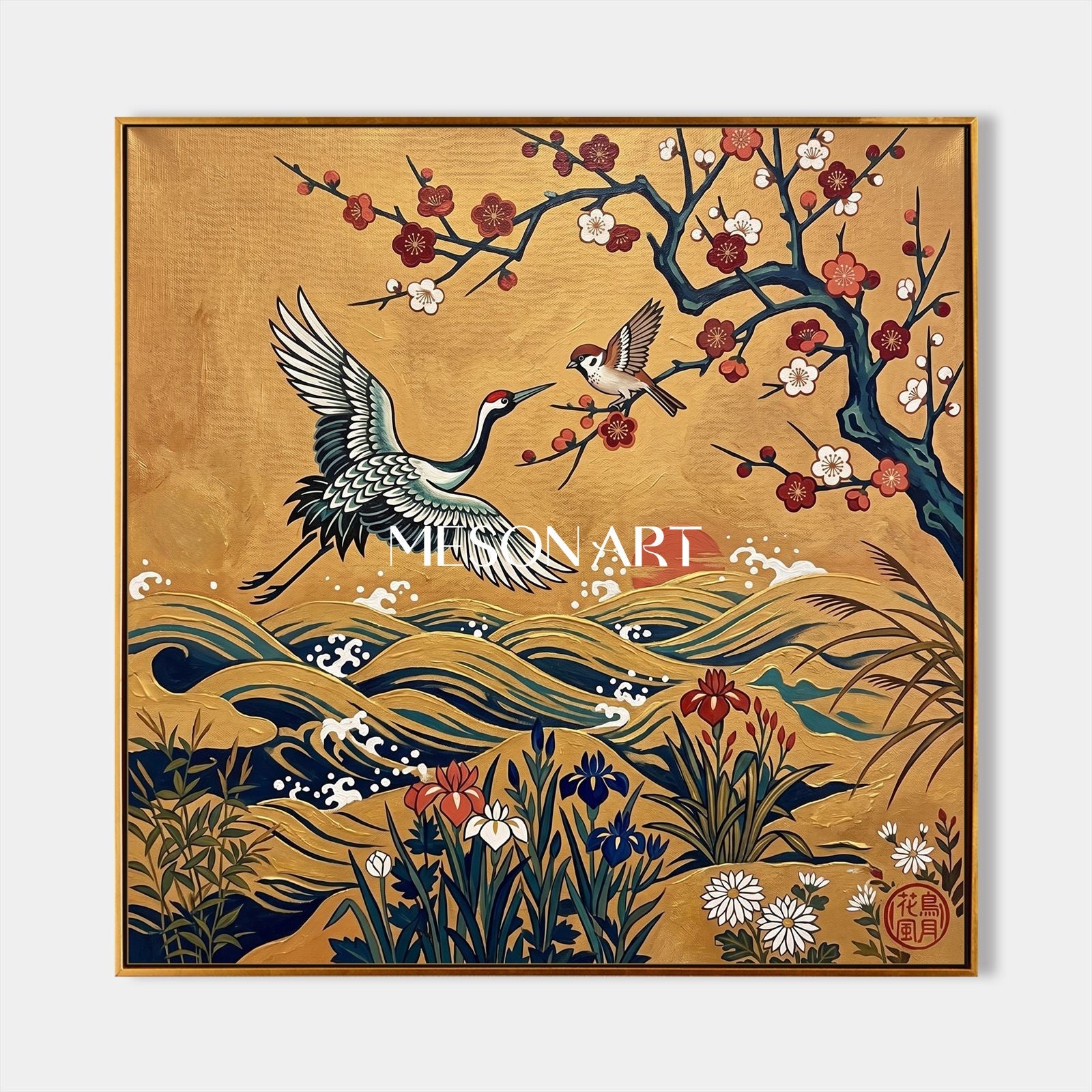 Luxury Golden Crane And Plum Blossom Wall Art For Modern Living Room Entryway