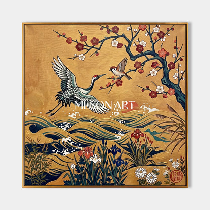 Luxury Golden Crane And Plum Blossom Wall Art For Modern Living Room Entryway