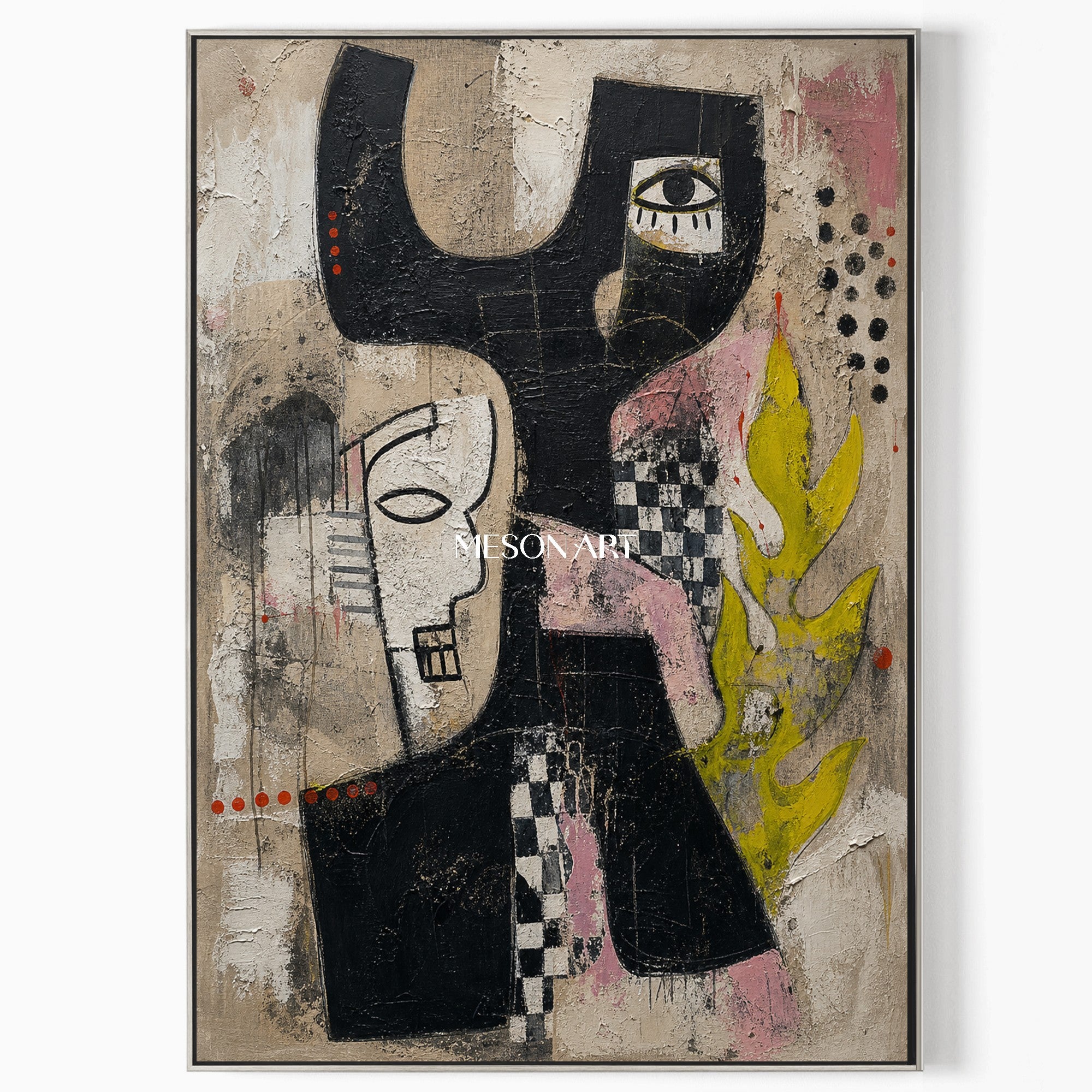 Urban Graffiti Inspired Portrait Painting In Black And White With Yellow Accents For Industrial Loft Decor