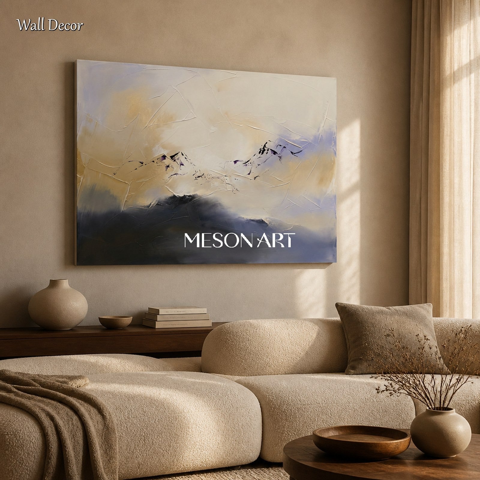 Beige And Black Abstract Expressionist Landscape Painting Rectangular Wall Art For Living Room By Mesonart