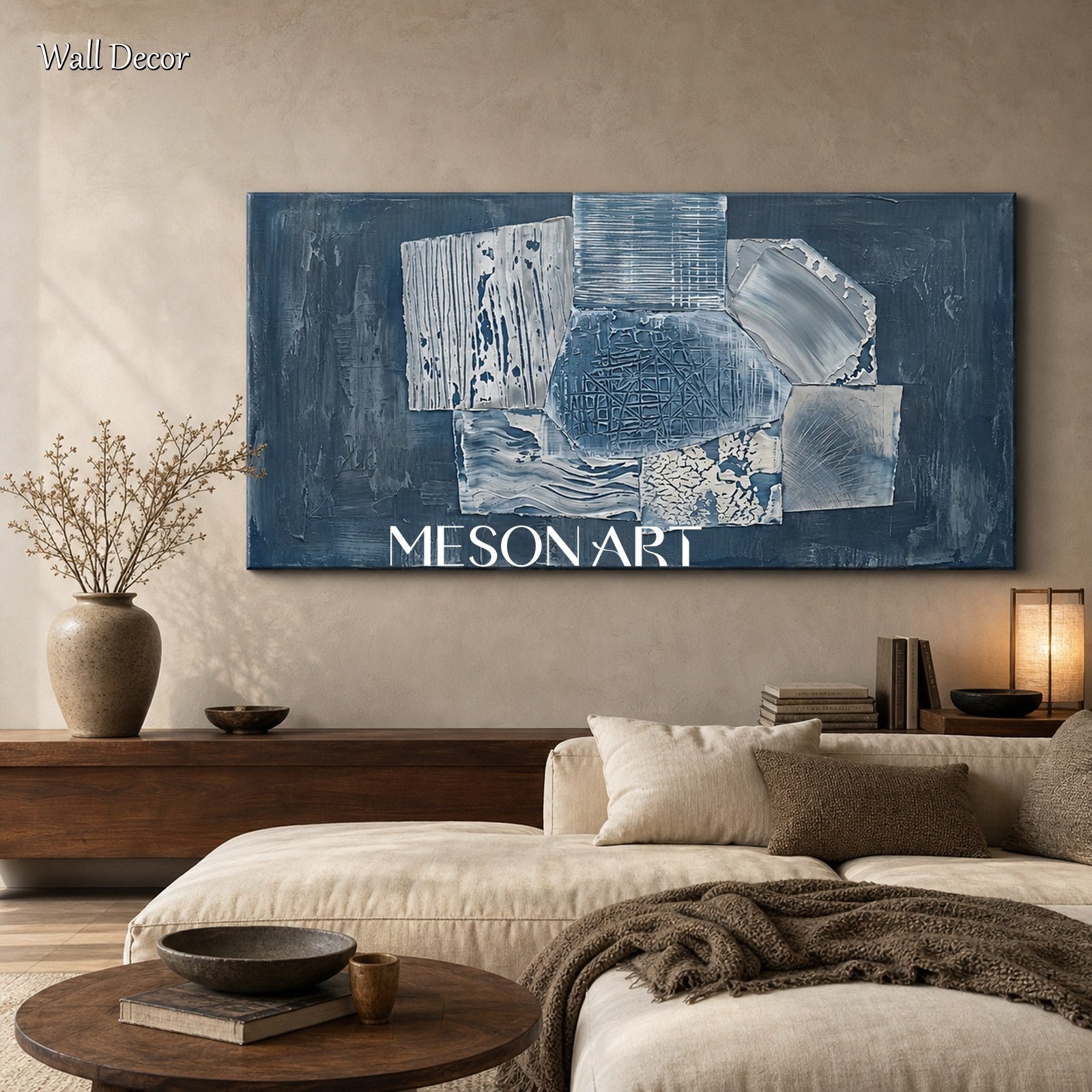 Blue Minimalist Abstract Painting With Textured Relief For Modern Living Room Decor