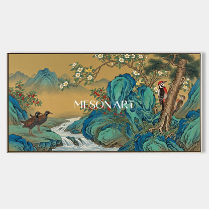 Blue And Gold Gongbi Painting Original Artist Panoramic Wall Art For Living Room By Mesonart