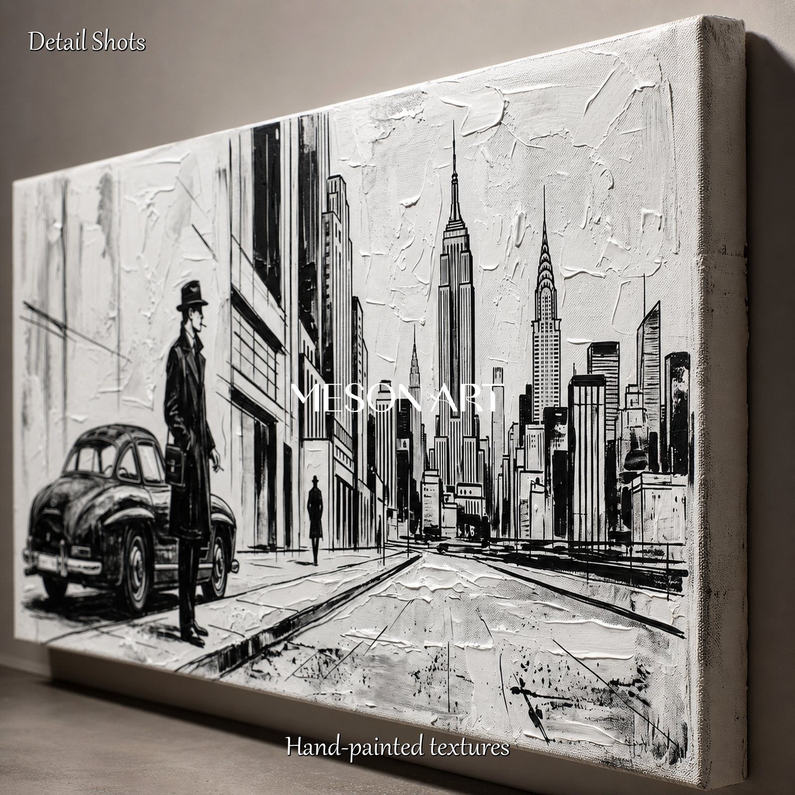 Black And White Contemporary Cityscape Painting Panoramic Wall Art Original Artist Hand Painted By Mesonart