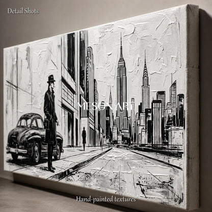 Black And White Contemporary Cityscape Painting Panoramic Wall Art Original Artist Hand Painted By Mesonart