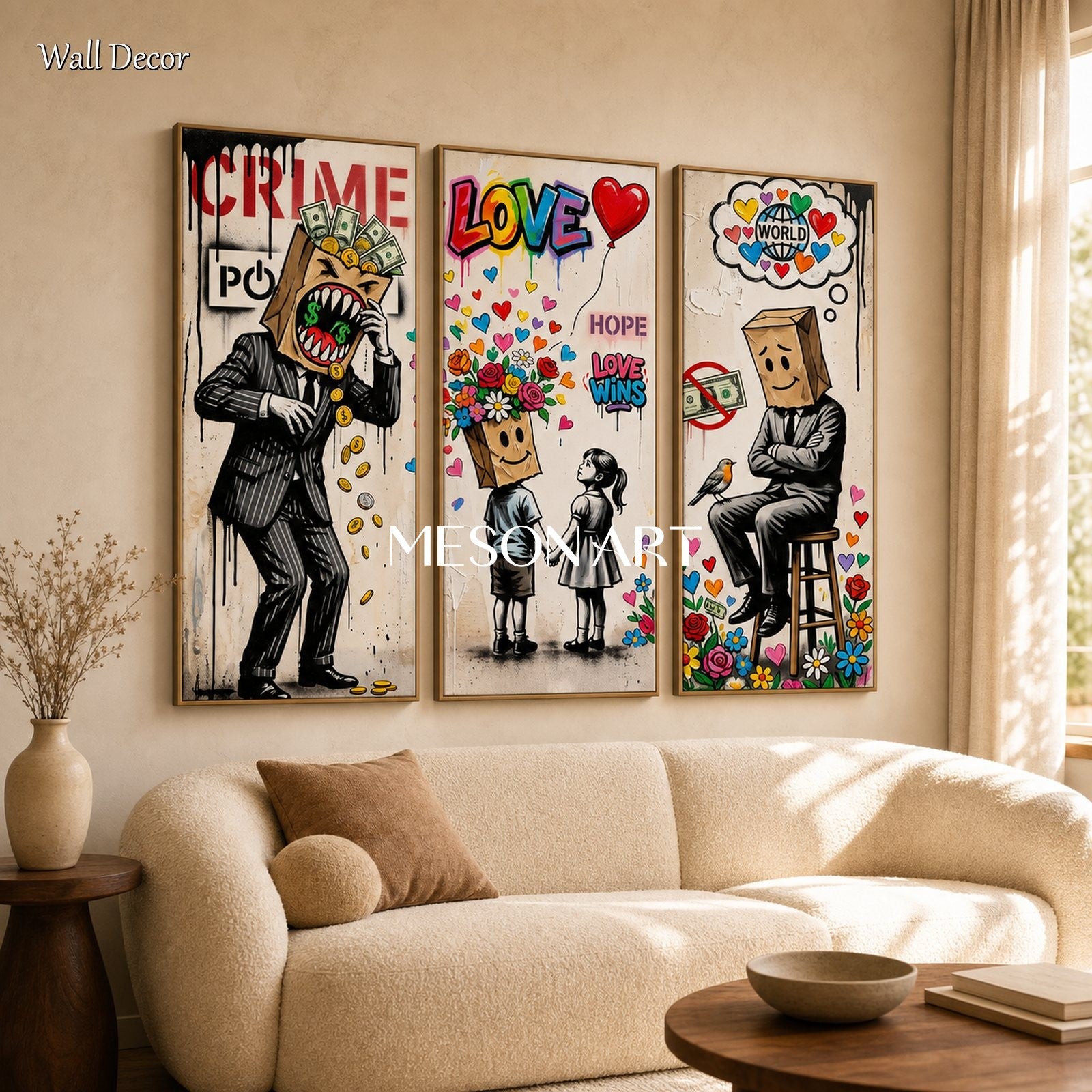 Black And White Abstract Graffiti Painting With Love Theme Rectangular Wall Art For Living Room By Mesonart