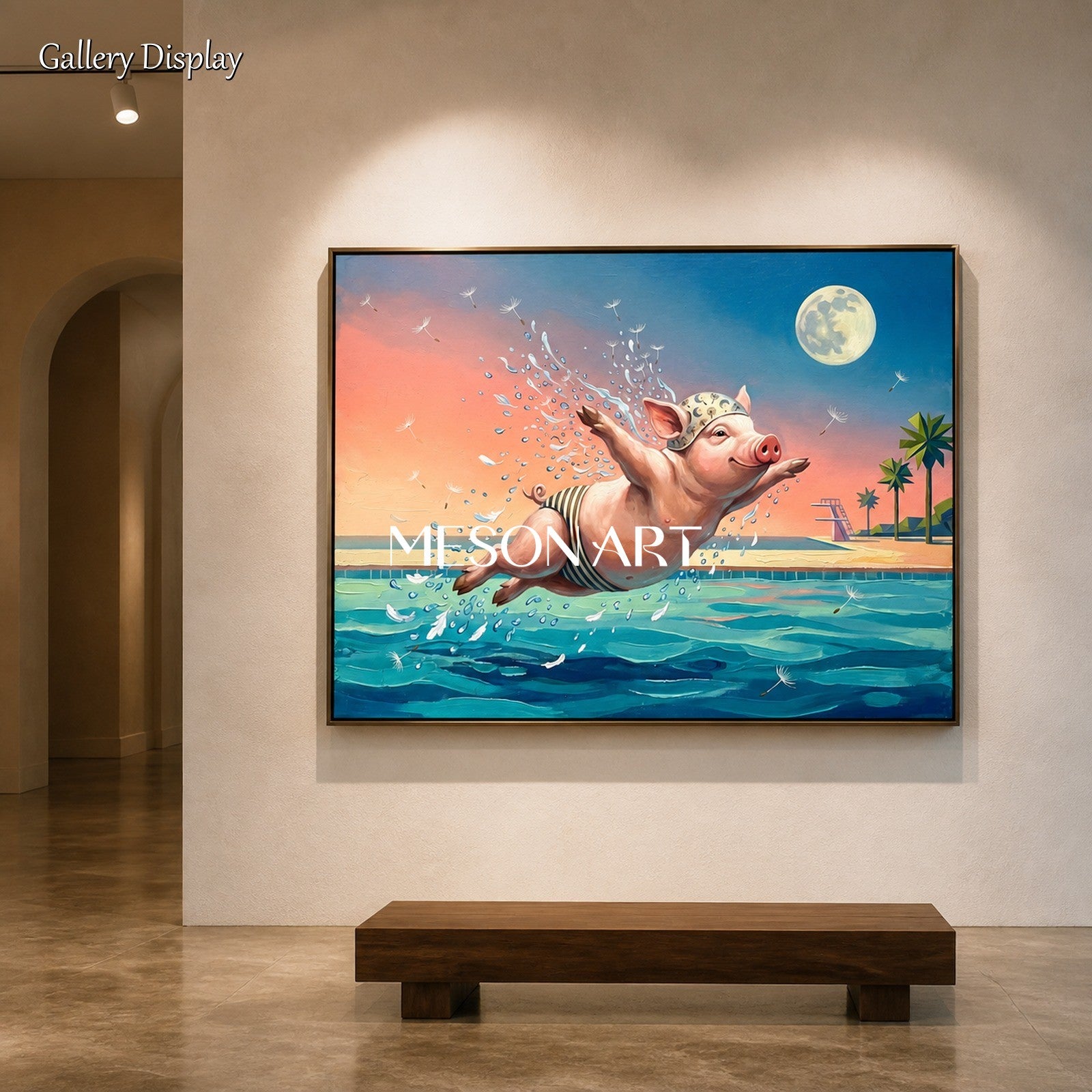 Pink And Blue Surrealist Painting Of A Pig Rectangular Wall Art Original Artist Hand Painted For Living Room By Mesonart