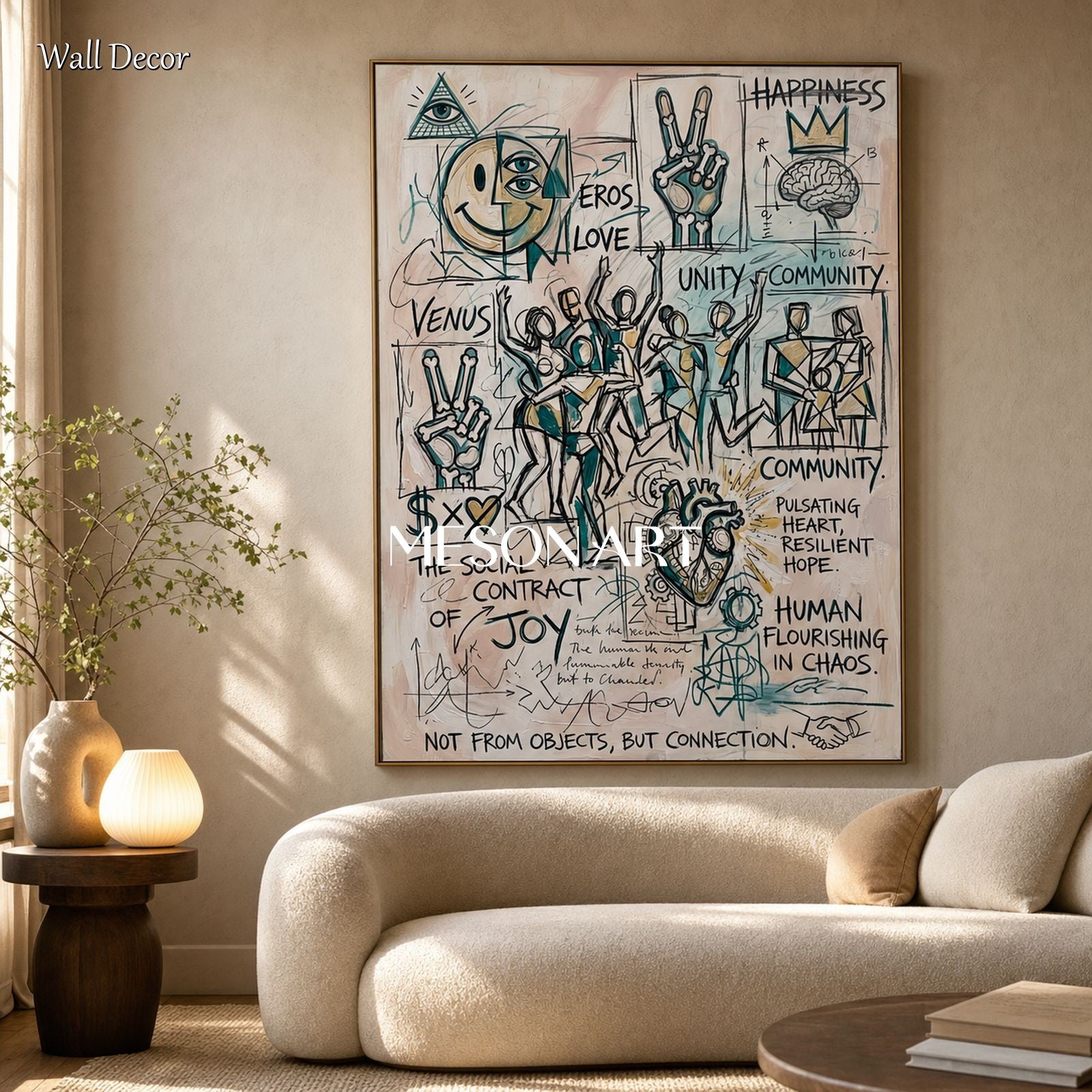 Abstract Expressionist Wall Art With Typography And Symbols For Modern Living Room Decor