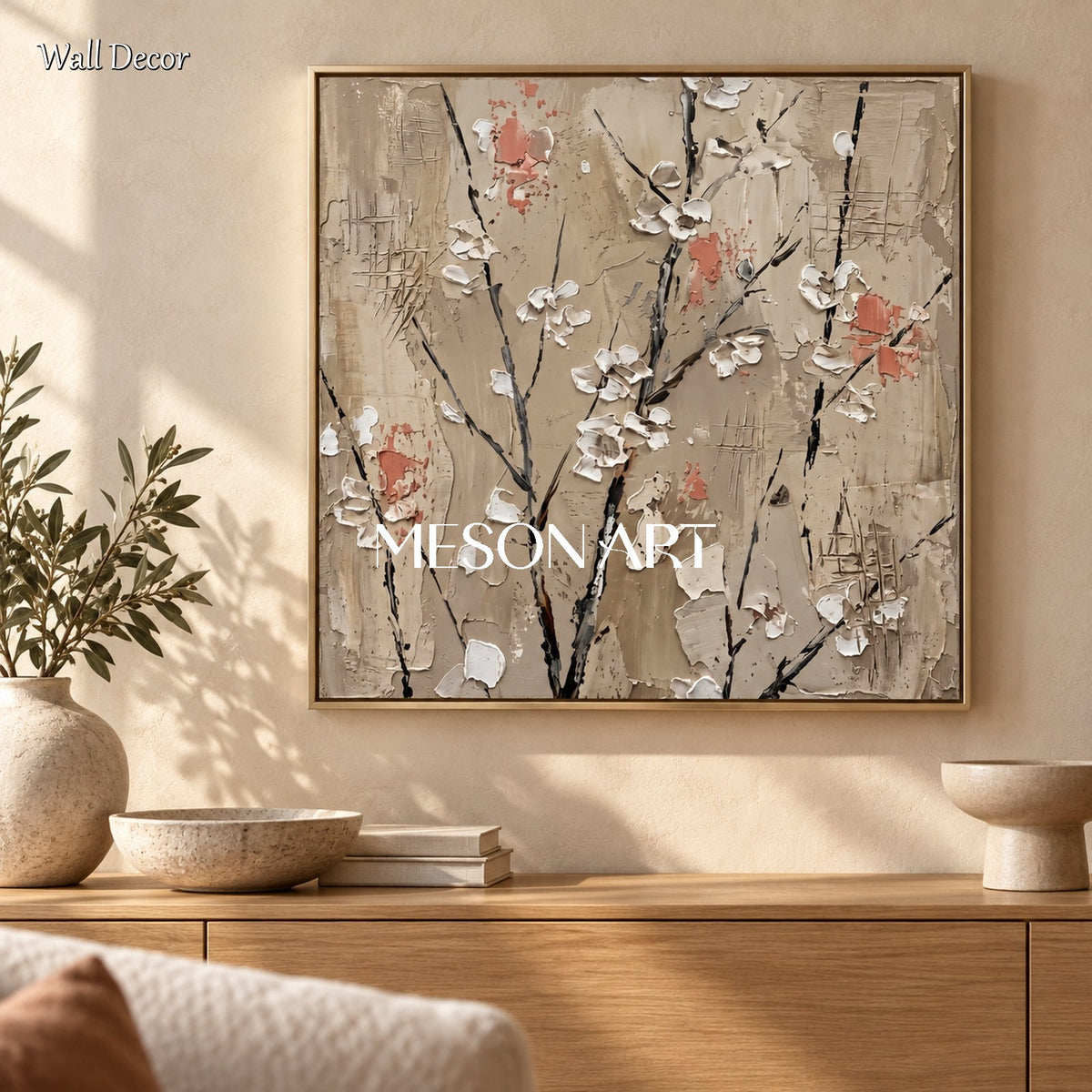 Beige And White Abstract Floral Painting Square Wall Art Original Artist Hand Painted By Mesonart
