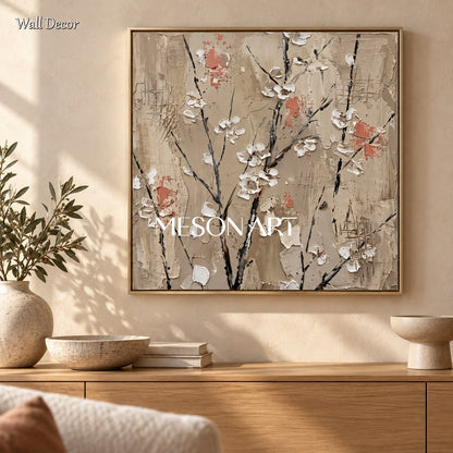 Beige And White Abstract Floral Painting Square Wall Art Original Artist Hand Painted By Mesonart