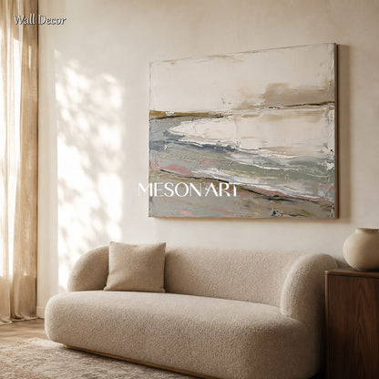 Quadro astratto raffigurante un paesaggio nei toni del beige e del grigio, opera d’arte da parete rettangolare di grandi dimensioni, opera originale dell’artista Mesonart