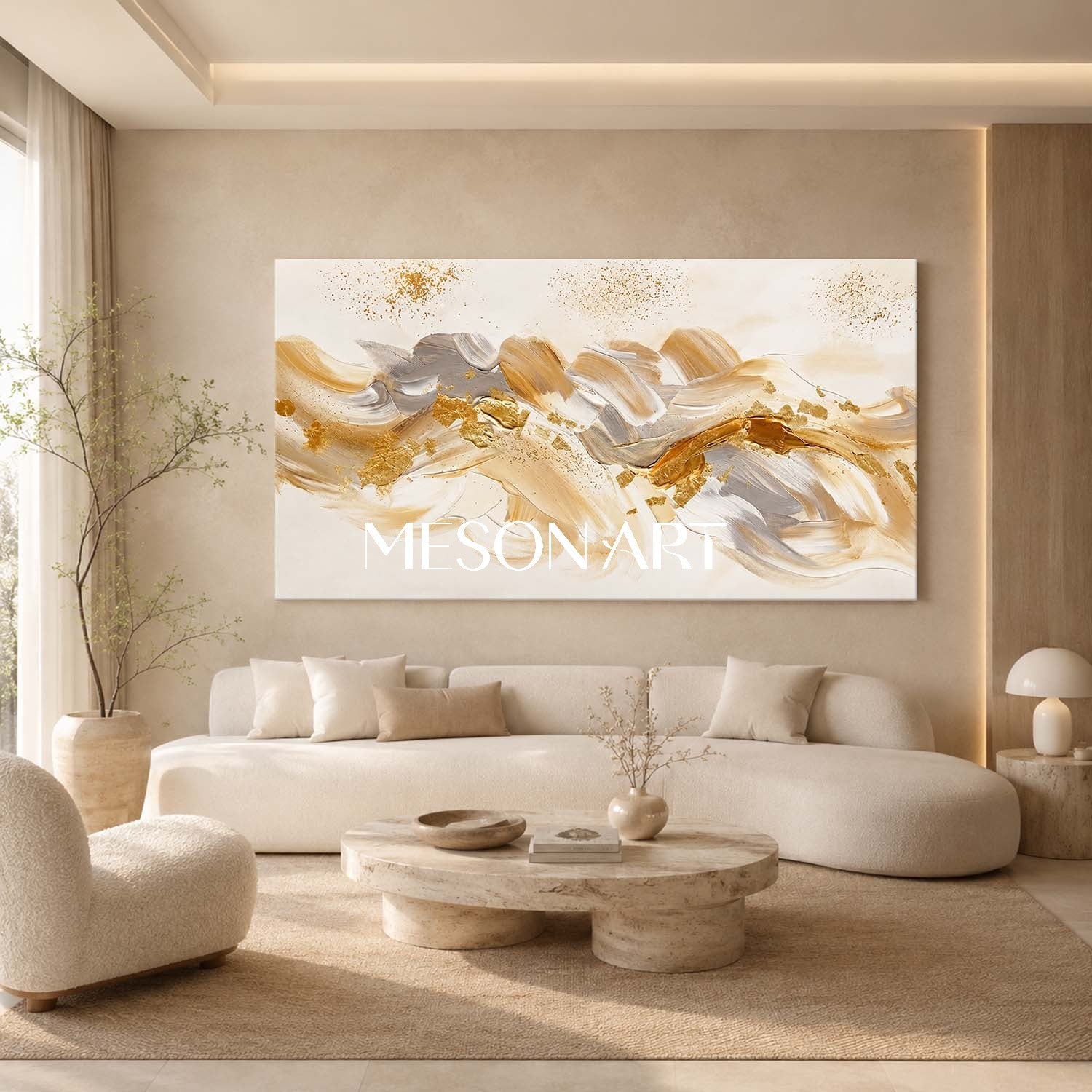 Luxury Gold Abstract Painting With Champagne Tones For Modern Living Room Decor