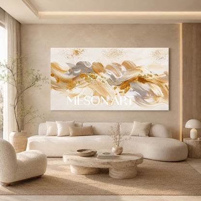 Luxury Gold Abstract Painting With Champagne Tones For Modern Living Room Decor