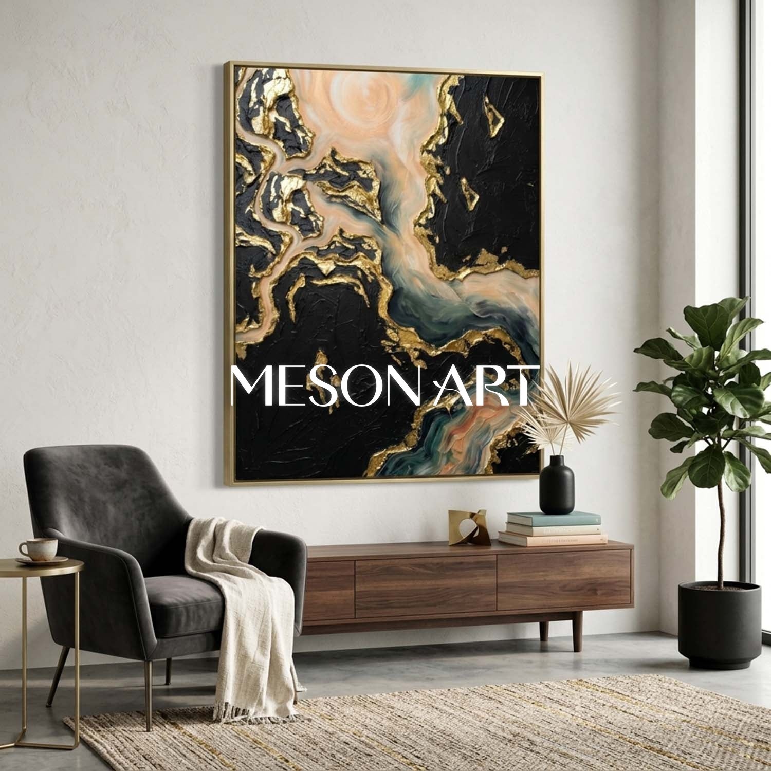 Gilded Abstract Plaster Art With Sea Green Waves Black Gold Decor