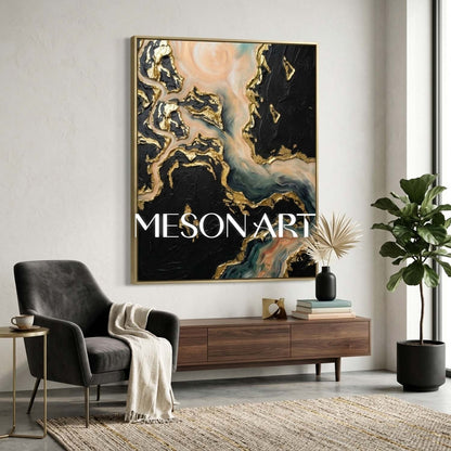 Gilded Abstract Plaster Art With Sea Green Waves Black Gold Decor