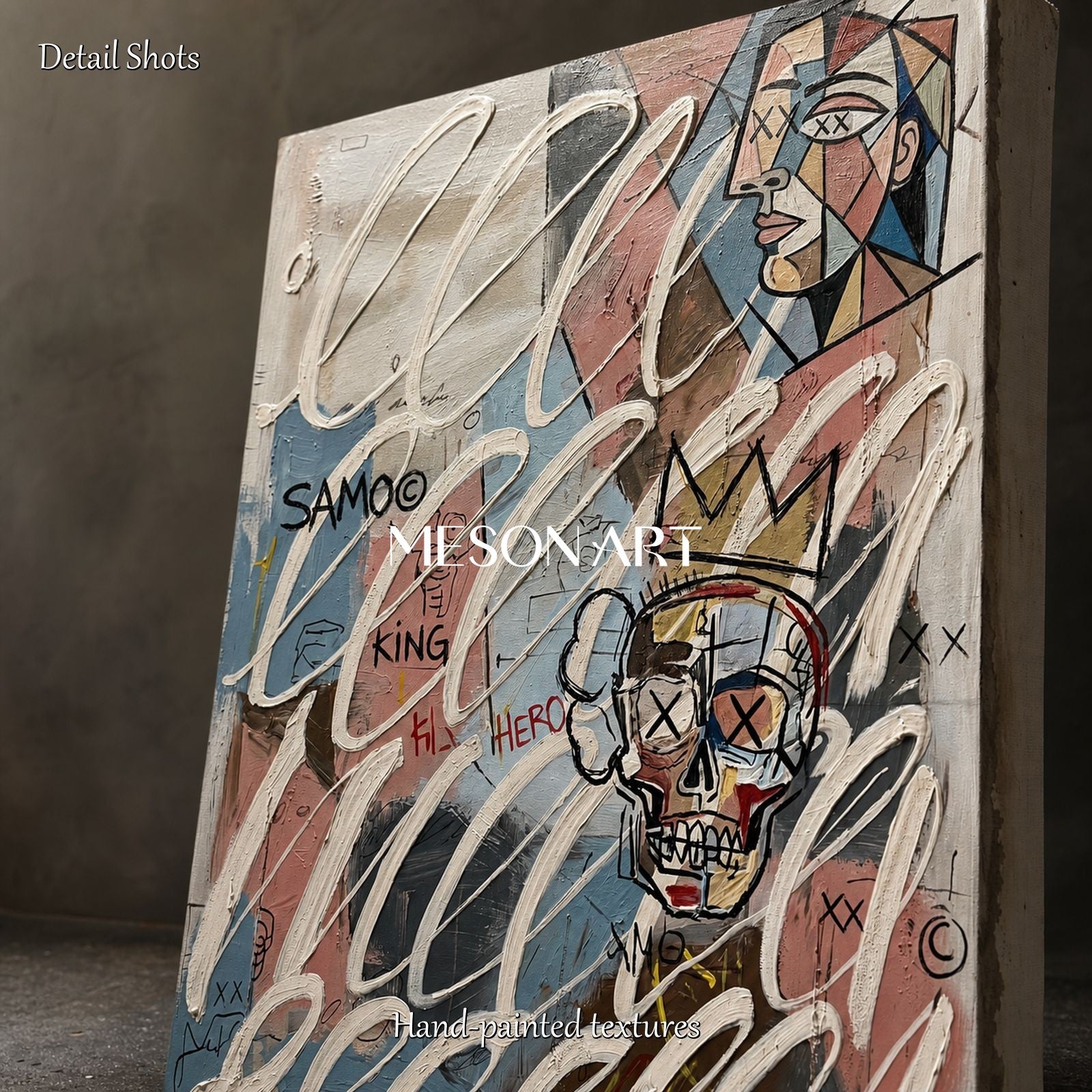 Contemporary Picasso Style Original Art With Crowned Skull And Abstract Faces For Modern Living Room Decor