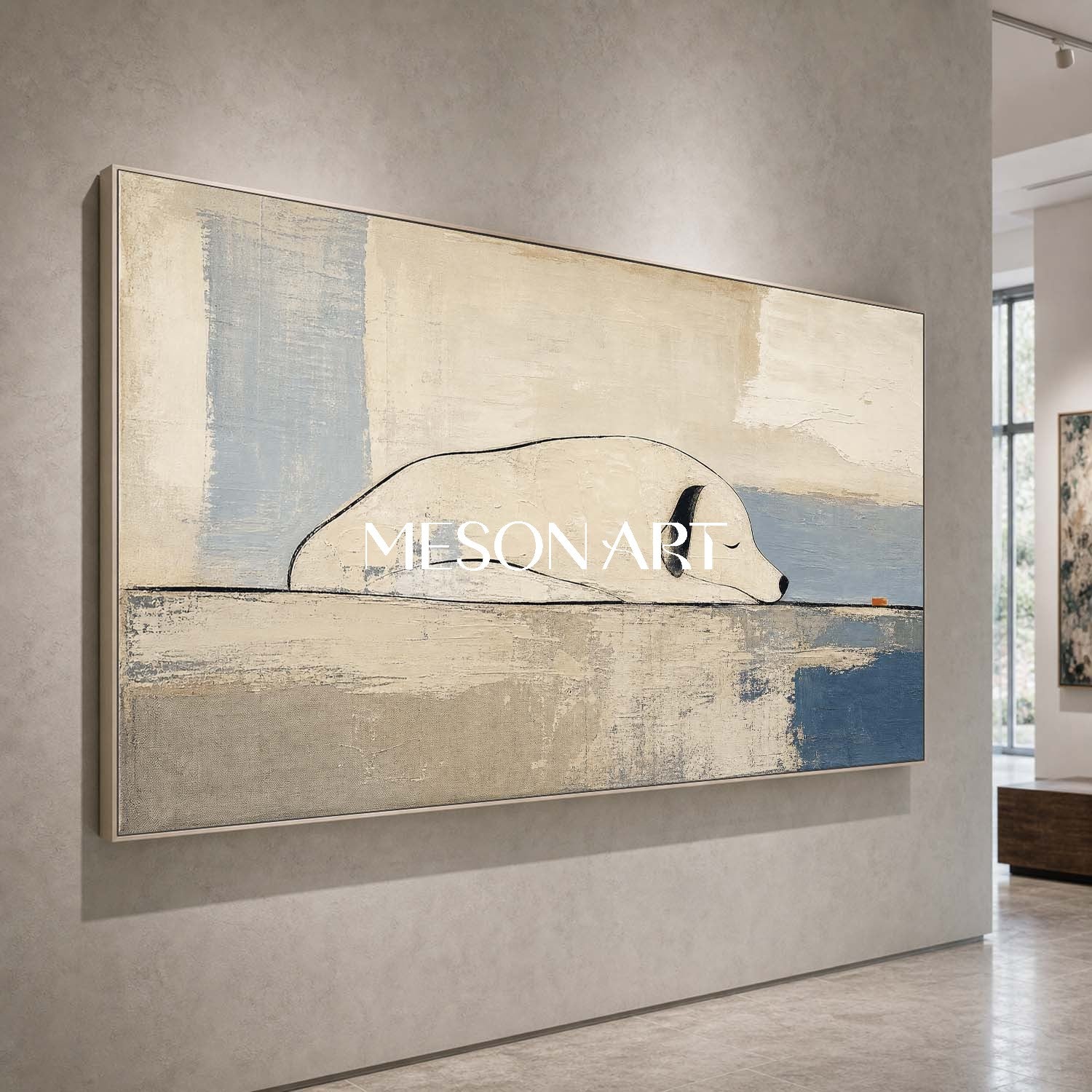 Minimalist Dog Canvas Art Beige And Blue Abstract Painting For Living Room And Bedroom Decor