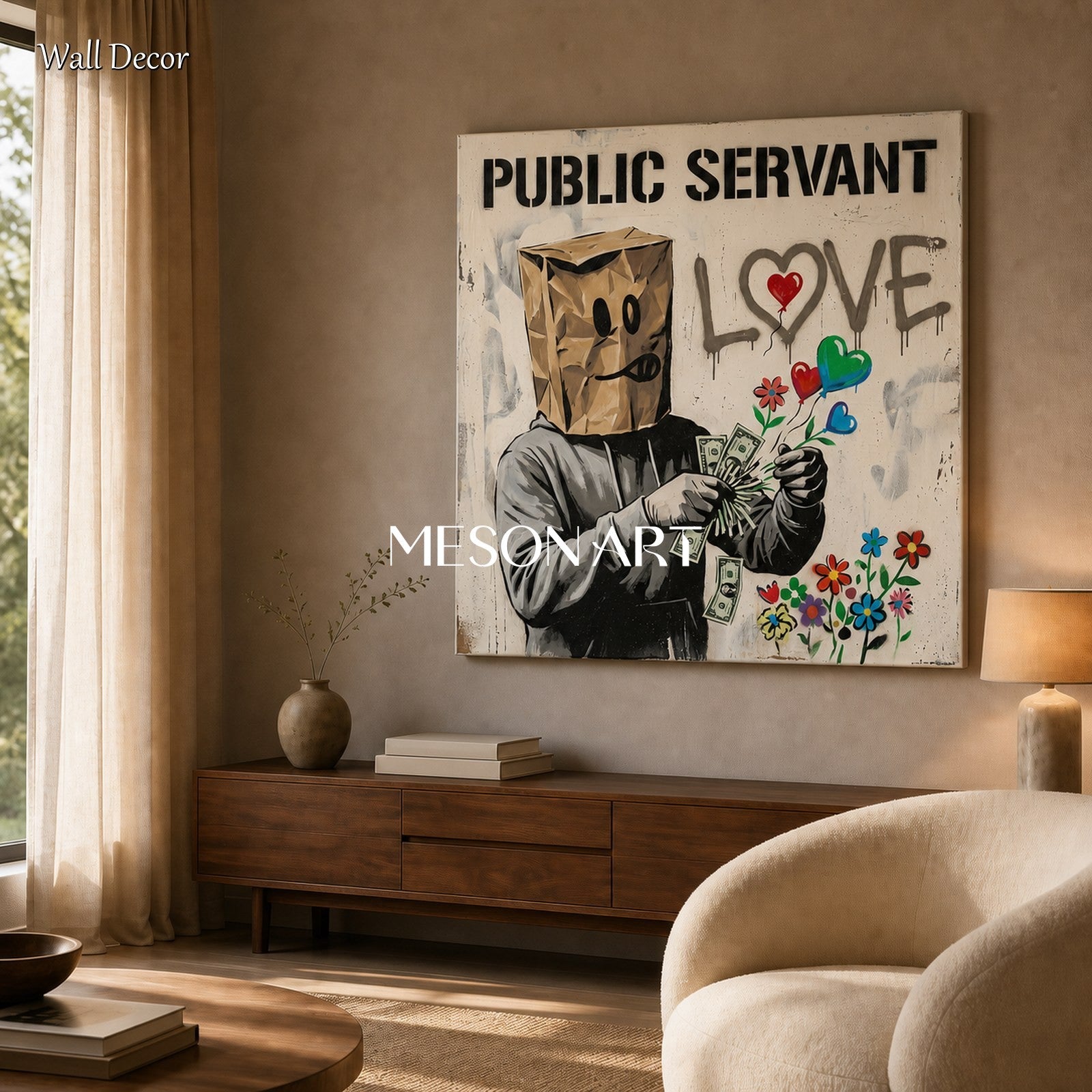 Black And White Banksy Style Original Painting Square Wall Art For Living Room By Mesonart