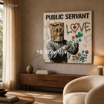 Black And White Banksy Style Original Painting Square Wall Art For Living Room By Mesonart