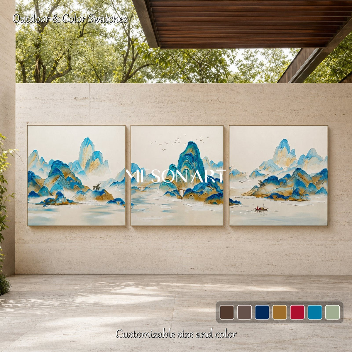 ديكور حائطي مربع مرسوم يدويًّا من Mesonart، يصور منظرًا جبليًّا عصريًّا باللونين الأزرق والبيج