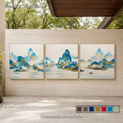 Blue Beige Modern Mountain Landscape Art Hand Painted Square Wall Decor By Mesonart