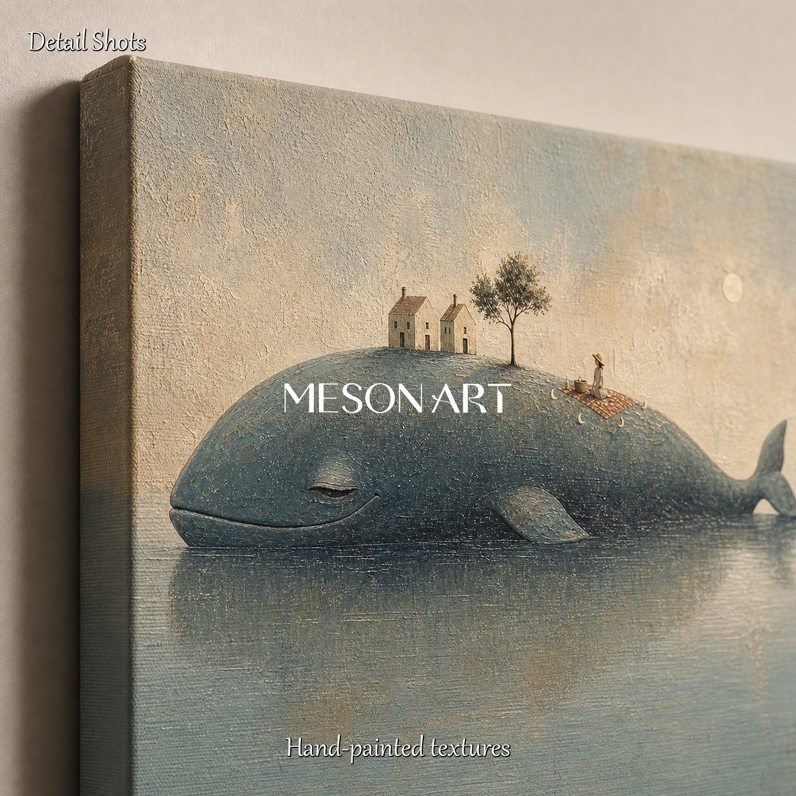 Surrealist Whale Island Painting For Modern Living Room And Bedroom Decor With Soft Moonlight Fantasy Theme