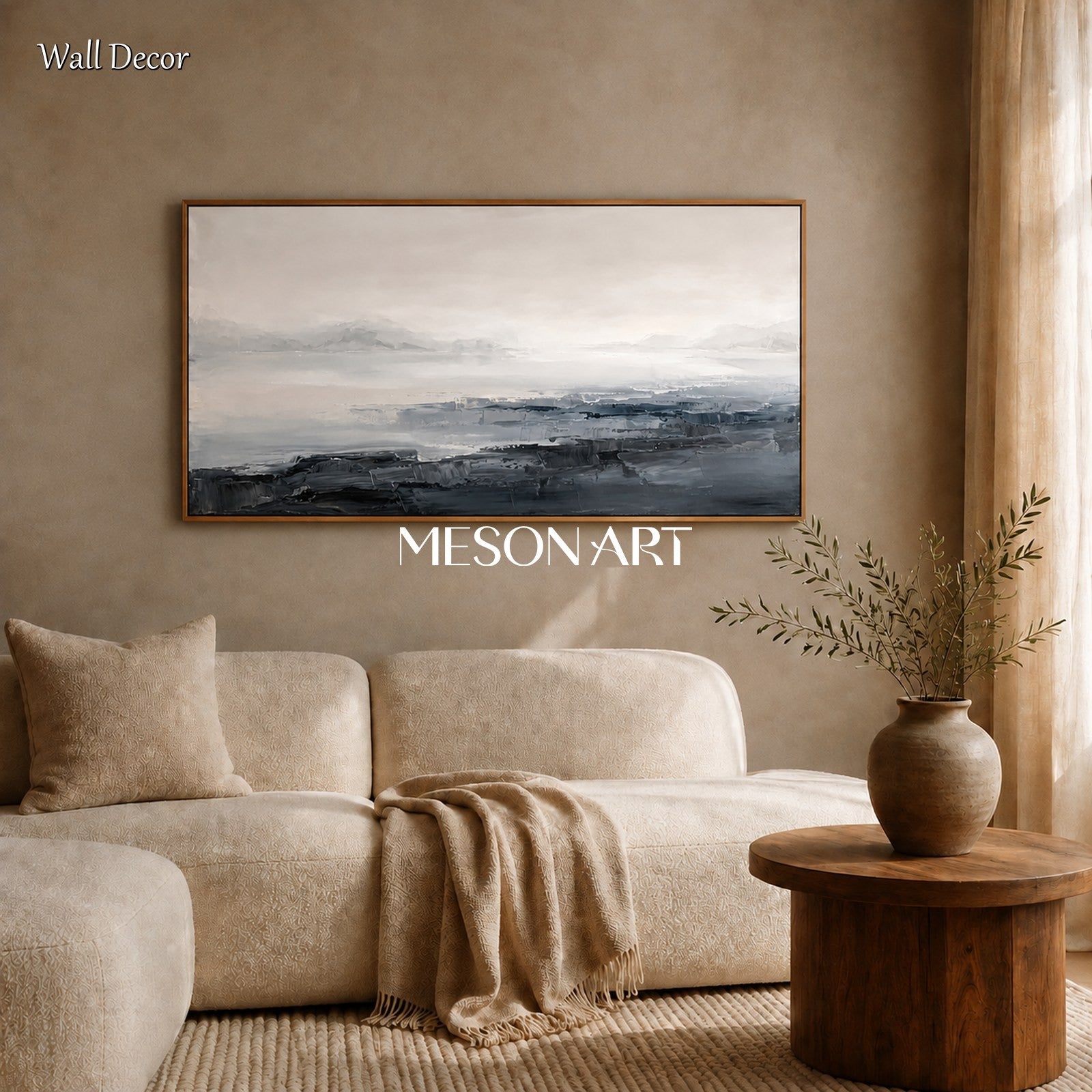 Gray And White Abstract Landscape Painting Rectangular Wall Art For Living Room Original Artist By Mesonart