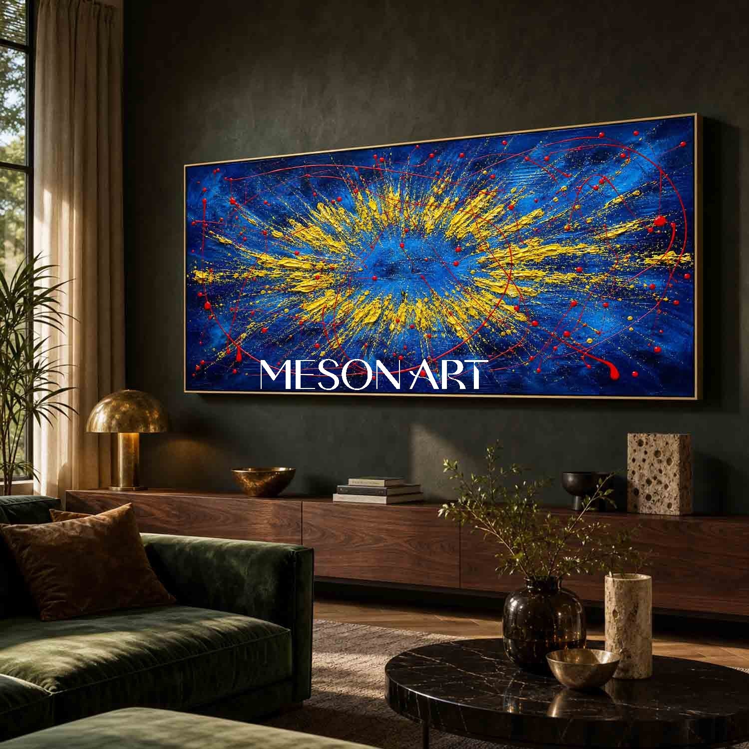 Bold Abstract Blue And Gold Painting With Textured Relief For Modern Living Room Decor