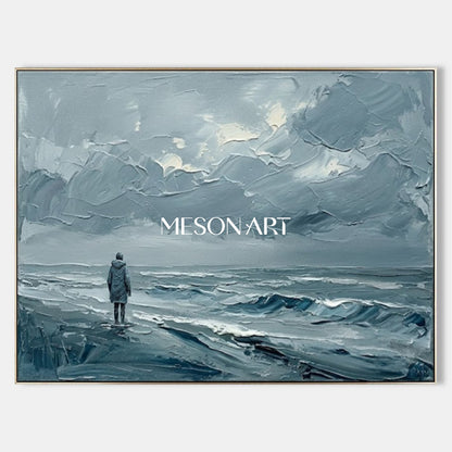 Minimalist Abstract Seascape Painting With Solitary Figure For Modern Living Room Decor