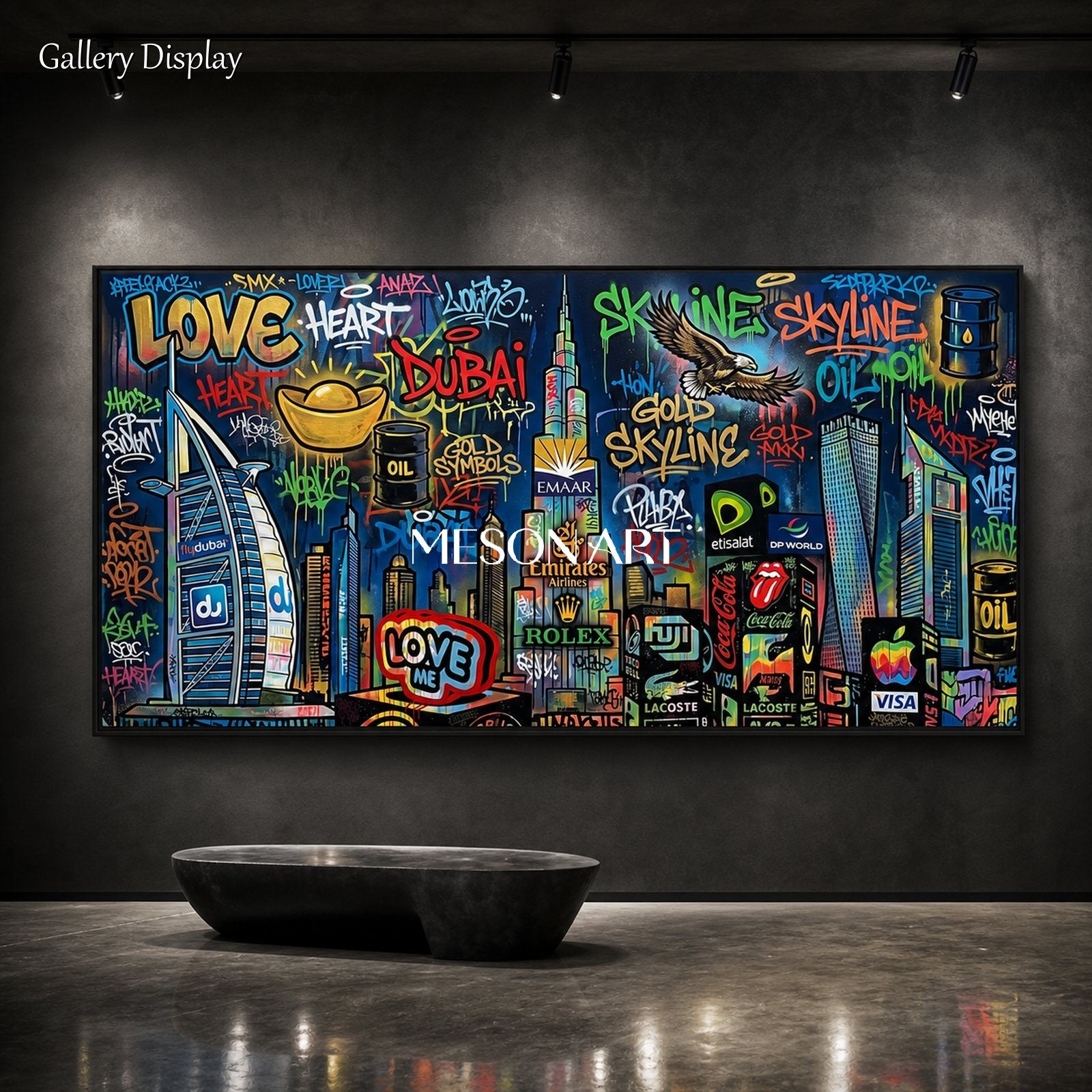 Black And Gold Graffiti Painting Panoramic Wall Art Original Artist Banksy Style For Living Room By Mesonart