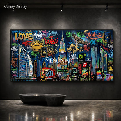 Black And Gold Graffiti Painting Panoramic Wall Art Original Artist Banksy Style For Living Room By Mesonart