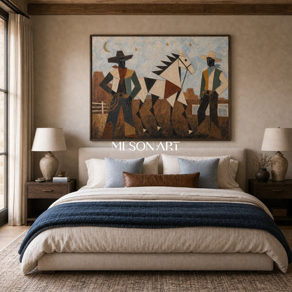 Geometric Cowboy And Horse Painting For Modern Living Room Decor
