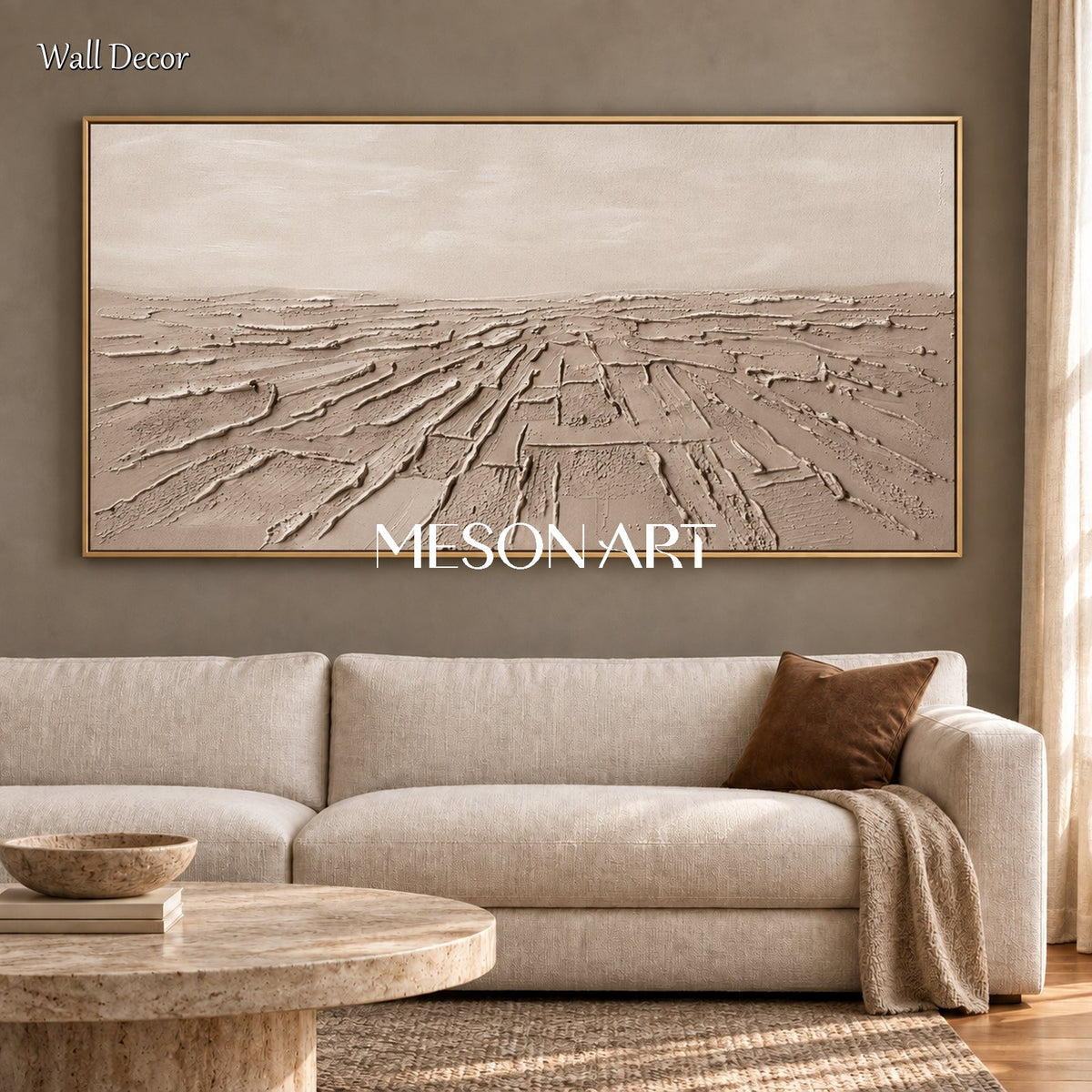 Beige Abstract Art Panoramic Wall Decor Original Artist Hand Painted Neutral Painting By Mesonart