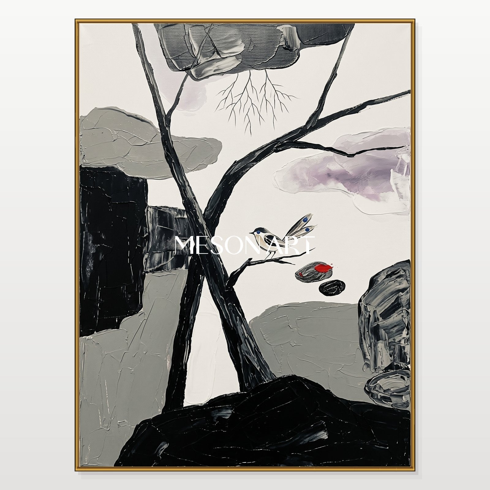 Art Deco Black White Bird Painting With Red Accent For Modern Living Room Entryway Decor