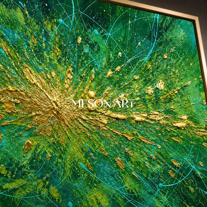 Emerald Green And Gold Pollock Abstract Painting For Modern Living Room Decor