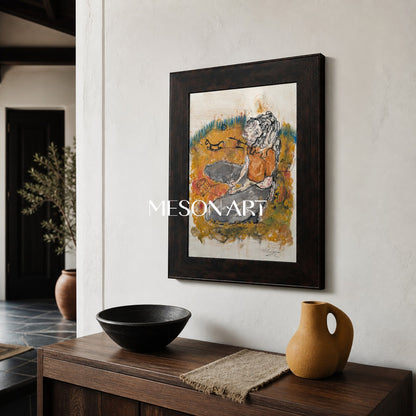 Brown And Orange Contemporary Figurative Painting Rectangular Wall Art Original Artist Fine Artwork By Mesonart