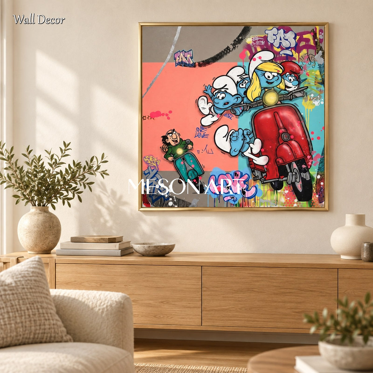 Blue And Red Graffiti Painting Of Smurfs Square Wall Art Original Artist Hand Painted By Mesonart