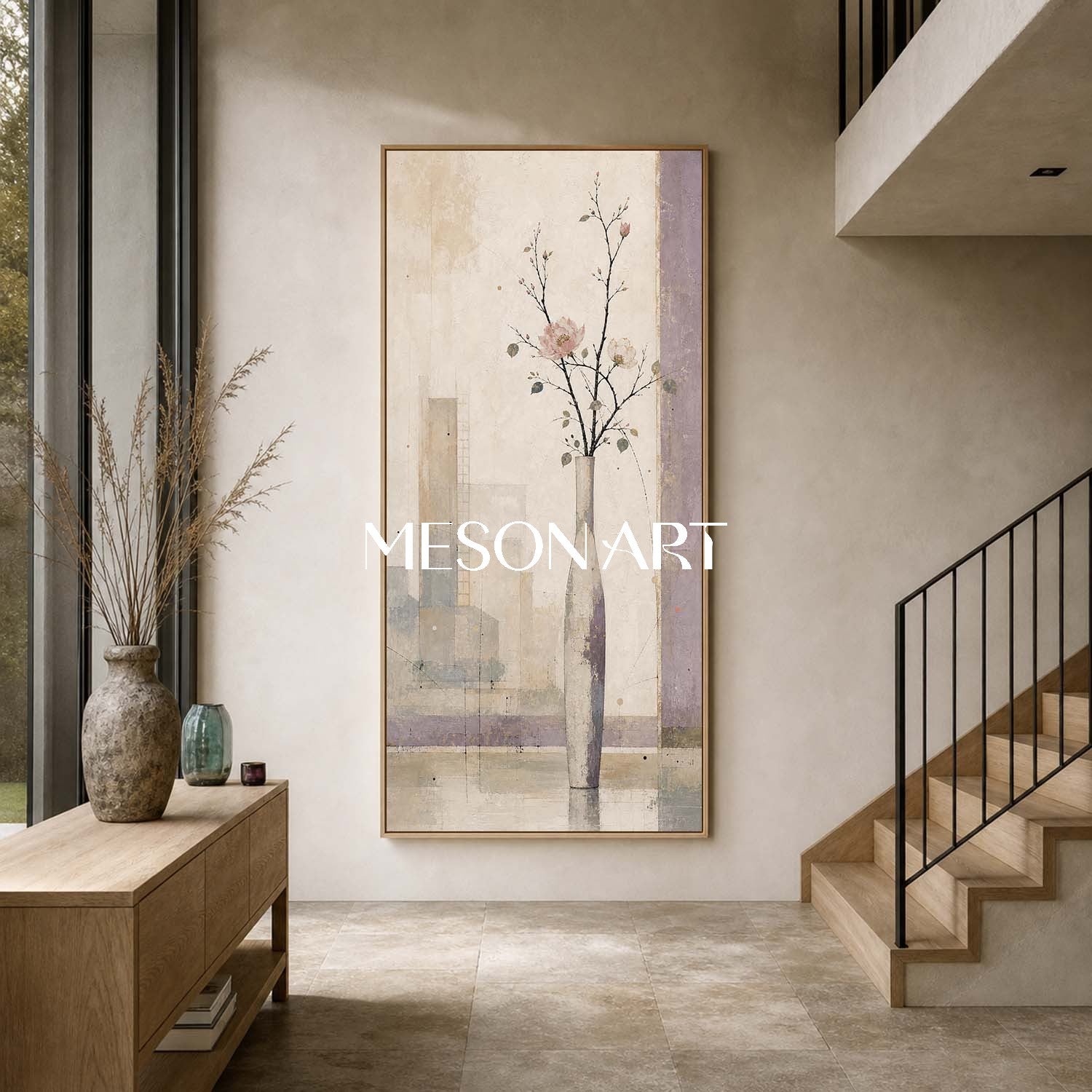 Large Floral Still Life Painting For Narrow Walls And Entryway Decor With Abstract Urban Background