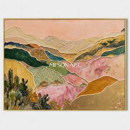 Pink And Gold Desert Landscape Textured Art Contemporary Organic Cactus Relief By Mesonart